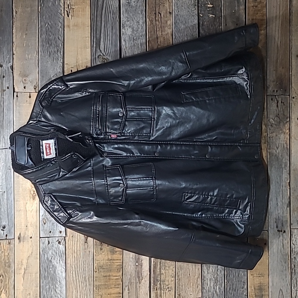 Levi's Men's Black Faux Vegan Leather Sherpa Military Cargo Jacket 3XL
